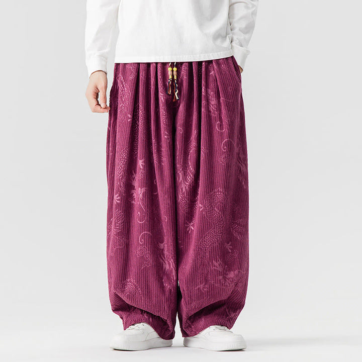 Pantaloni harem da uomo in velluto a coste di cotone con motivo drago fenice invernale Buddha Stones con tasche - RossoViola Medio - US/UK/AU46, EU56 (5XL) - image 9