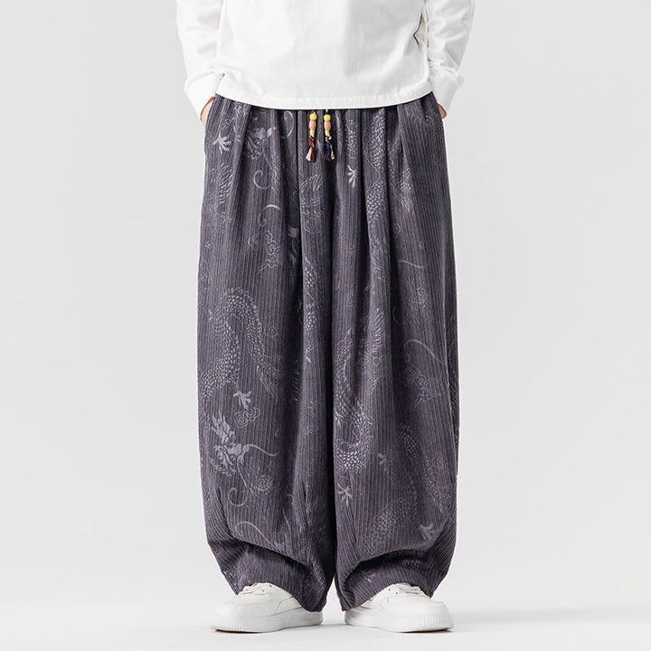 Pantaloni harem da uomo in velluto a coste di cotone con motivo drago fenice invernale Buddha Stones con tasche - Grigio ardesia chiaro - US/UK/AU46, EU56 (5XL) - image 24