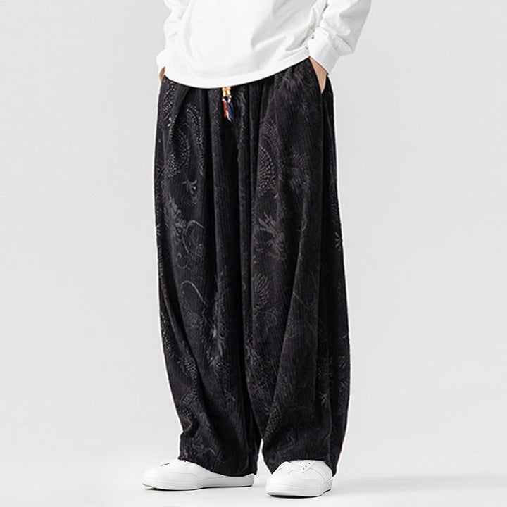 Pantaloni harem da uomo in velluto a coste di cotone con motivo drago fenice invernale Buddha Stones con tasche - image 32