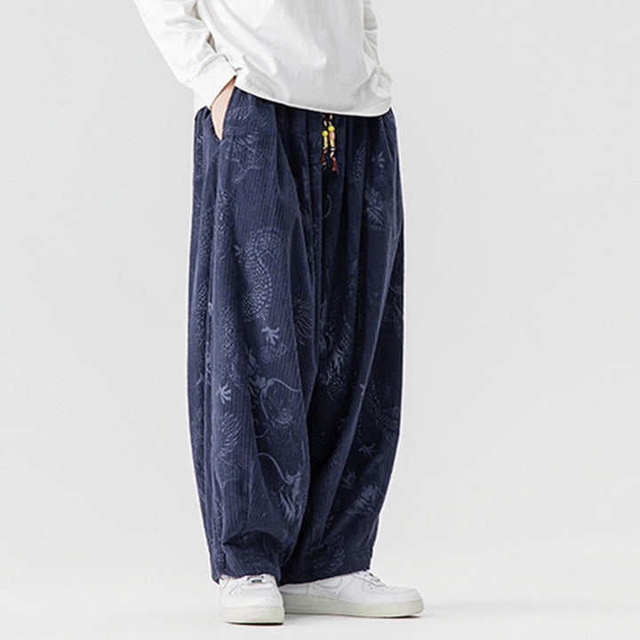 Pantaloni harem da uomo in velluto a coste di cotone con motivo drago fenice invernale Buddha Stones con tasche - image 19