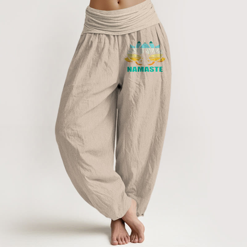 Pantaloni harem da donna in puro cotone con elastico in vita e motivo a loto, motivo "Namaste" Buddha Stones in meditazione - Abbronzatura - US16, UK/AU20, EU48 (3XL) - image 11