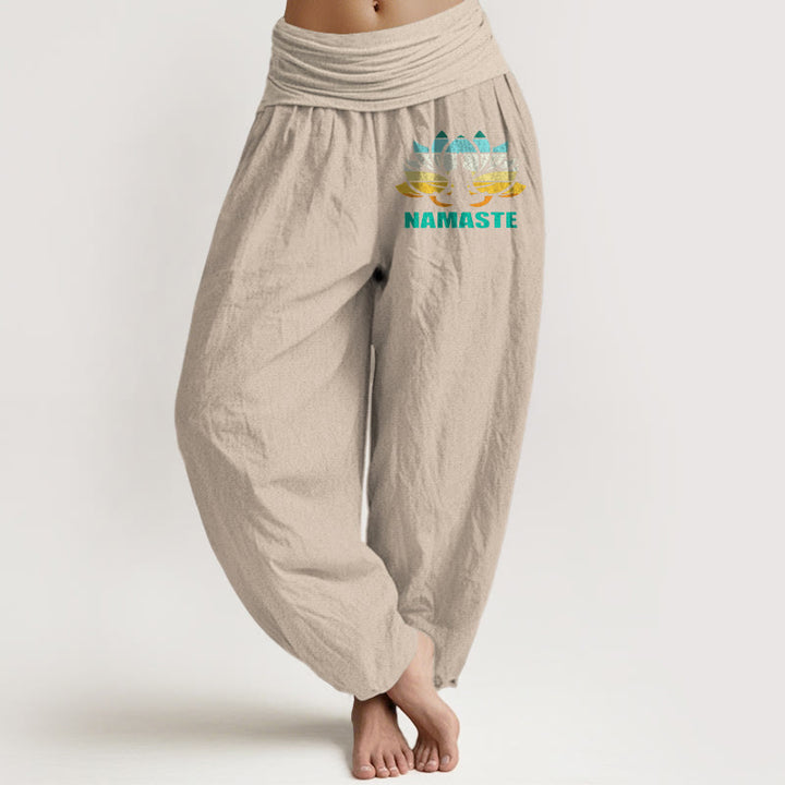 Pantaloni harem da donna in puro cotone con elastico in vita e motivo a loto, motivo "Namaste" Buddha Stones in meditazione - Abbronzatura - US16, UK/AU20, EU48 (3XL) - image 11