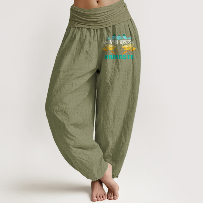 Pantaloni harem da donna in puro cotone con elastico in vita e motivo a loto, motivo "Namaste" Buddha Stones in meditazione - Verde oliva - US16, UK/AU20, EU48 (3XL) - image 14