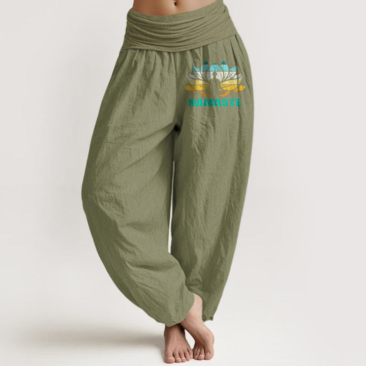Pantaloni harem da donna in puro cotone con elastico in vita e motivo a loto, motivo "Namaste" Buddha Stones in meditazione - Verde oliva - US16, UK/AU20, EU48 (3XL) - image 14