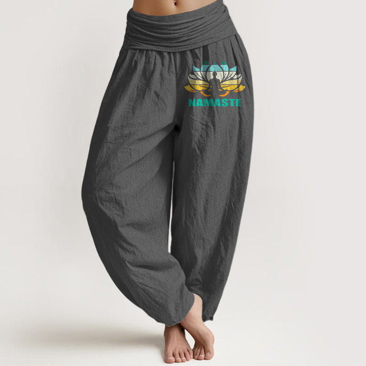 Pantaloni harem da donna in puro cotone con elastico in vita e motivo a loto, motivo "Namaste" Buddha Stones in meditazione - Grigio scuro - US16, UK/AU20, EU48 (3XL) - image 8