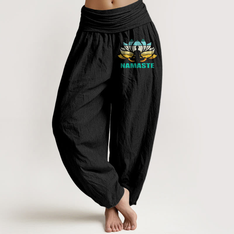 Pantaloni harem da donna in puro cotone con elastico in vita e motivo a loto, motivo "Namaste" Buddha Stones in meditazione - Nero - US16, UK/AU20, EU48 (3XL) - image 0