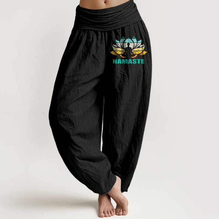 Pantaloni harem da donna in puro cotone con elastico in vita e motivo a loto, motivo "Namaste" Buddha Stones in meditazione - Nero - US16, UK/AU20, EU48 (3XL) - image 0