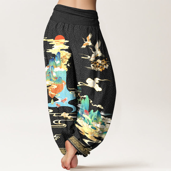Pantaloni harem da donna con elastico in vita, motivo Buddha Stones Landscape Cranes Clouds in puro cotone - image 1