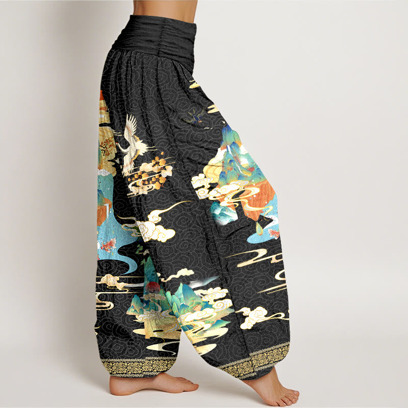 Pantaloni harem da donna con elastico in vita, motivo Buddha Stones Landscape Cranes Clouds in puro cotone - image 2