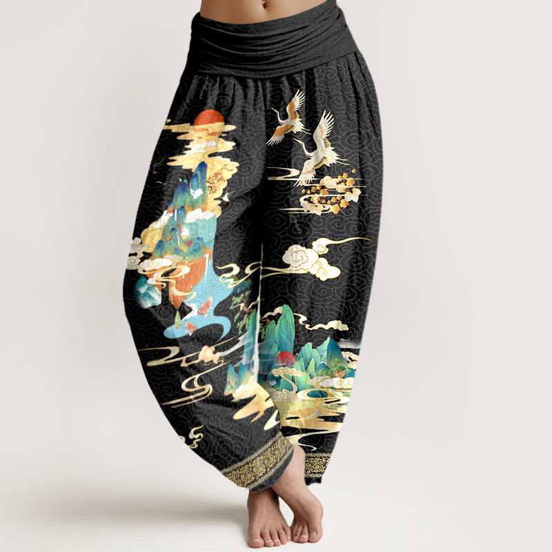 Pantaloni harem da donna con elastico in vita, motivo Buddha Stones Landscape Cranes Clouds in puro cotone - Nero - US16, UK/AU20, EU48 (3XL) - image 0