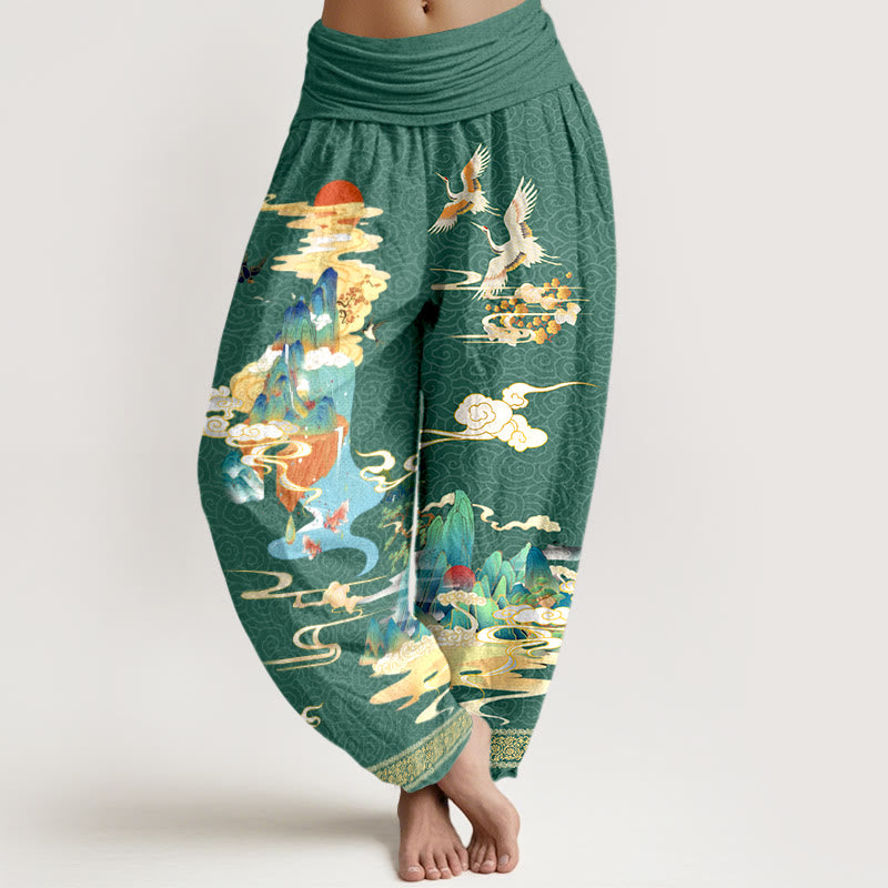 Pantaloni harem da donna con elastico in vita, motivo Buddha Stones Landscape Cranes Clouds in puro cotone - SeaGreen - US16, UK/AU20, EU48 (3XL) - image 5