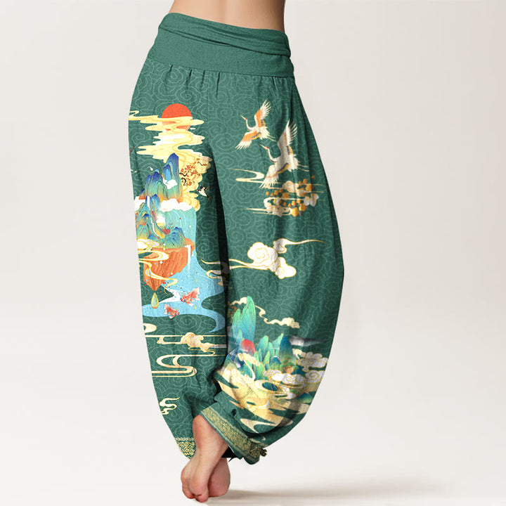 Pantaloni harem da donna con elastico in vita, motivo Buddha Stones Landscape Cranes Clouds in puro cotone - image 6
