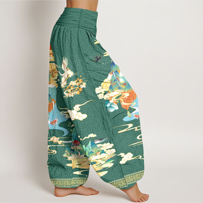 Pantaloni harem da donna con elastico in vita, motivo Buddha Stones Landscape Cranes Clouds in puro cotone - image 7