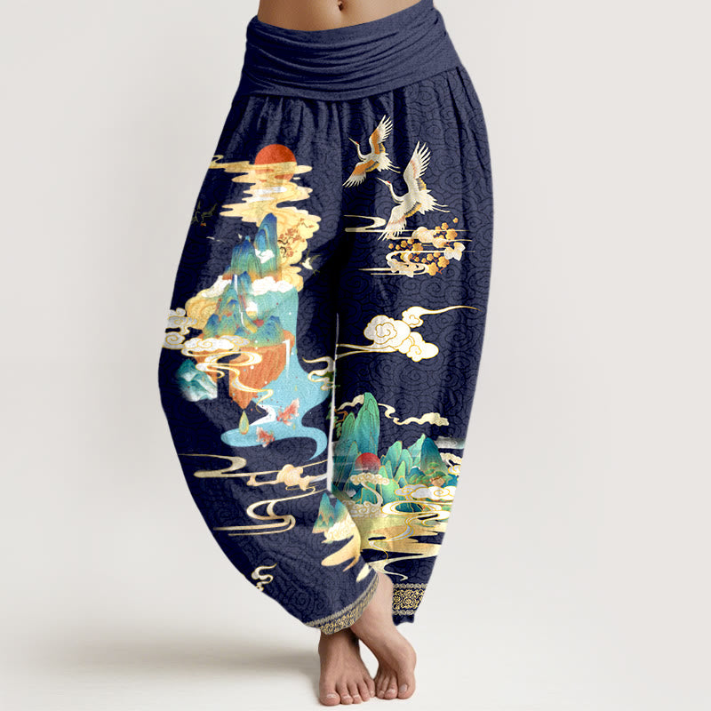 Pantaloni harem da donna con elastico in vita, motivo Buddha Stones Landscape Cranes Clouds in puro cotone - Blu notte - US16, UK/AU20, EU48 (3XL) - image 8