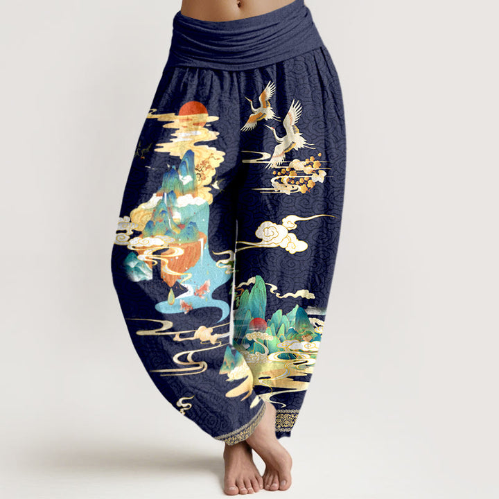 Pantaloni harem da donna con elastico in vita, motivo Buddha Stones Landscape Cranes Clouds in puro cotone - Blu notte - US16, UK/AU20, EU48 (3XL) - image 8
