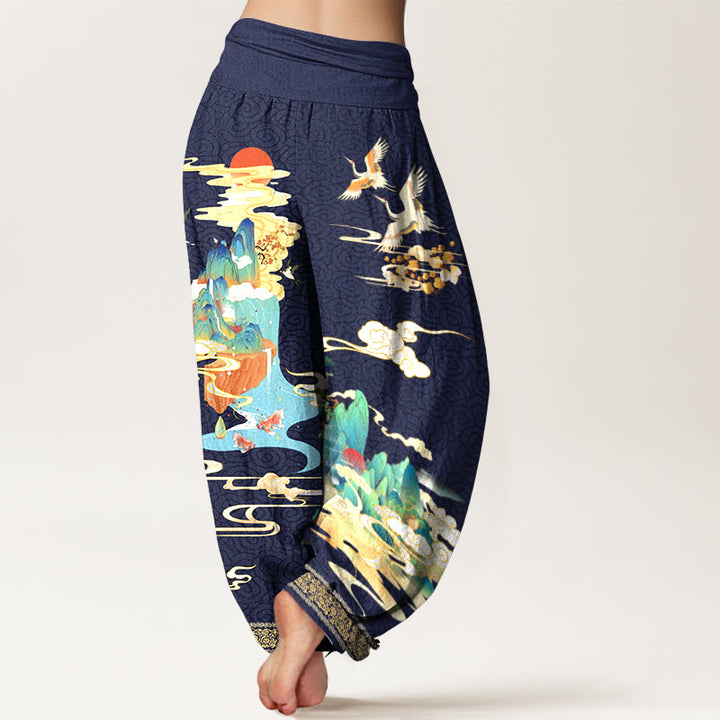 Pantaloni harem da donna con elastico in vita, motivo Buddha Stones Landscape Cranes Clouds in puro cotone - image 9