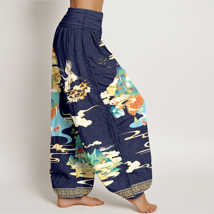 Pantaloni harem da donna con elastico in vita, motivo Buddha Stones Landscape Cranes Clouds in puro cotone - image 10