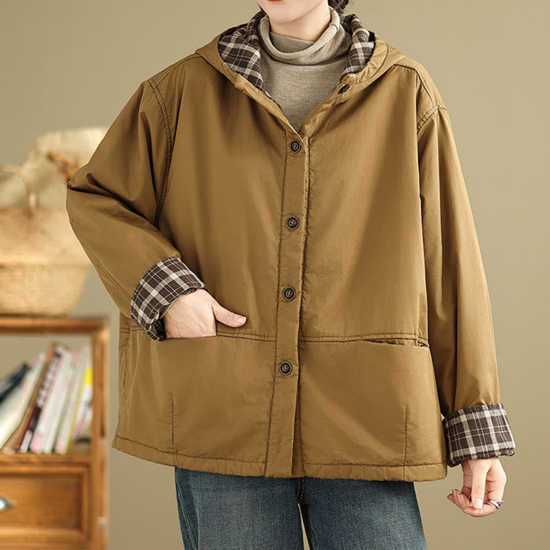 Felpa con cappuccio a quadri con motivo Buddha Stones, da donna, a maniche lunghe, in cotone spesso, con tasche - image 1