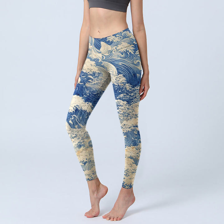 Leggings da palestra con stampa di onde dell'oceano Buddha Stones, pantaloni da yoga da donna - Blu Reale - US18, UK/AU22, EU50 (4XL) - image 0