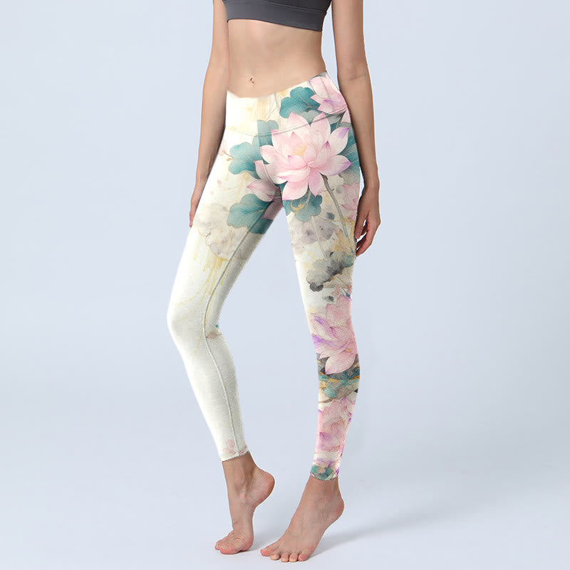 Leggings da palestra con stampa di Buddha Stones, petali di loto e foglie, pantaloni da yoga da donna - Bianco Fantasma - US18, UK/AU22, EU50 (4XL) - image 0