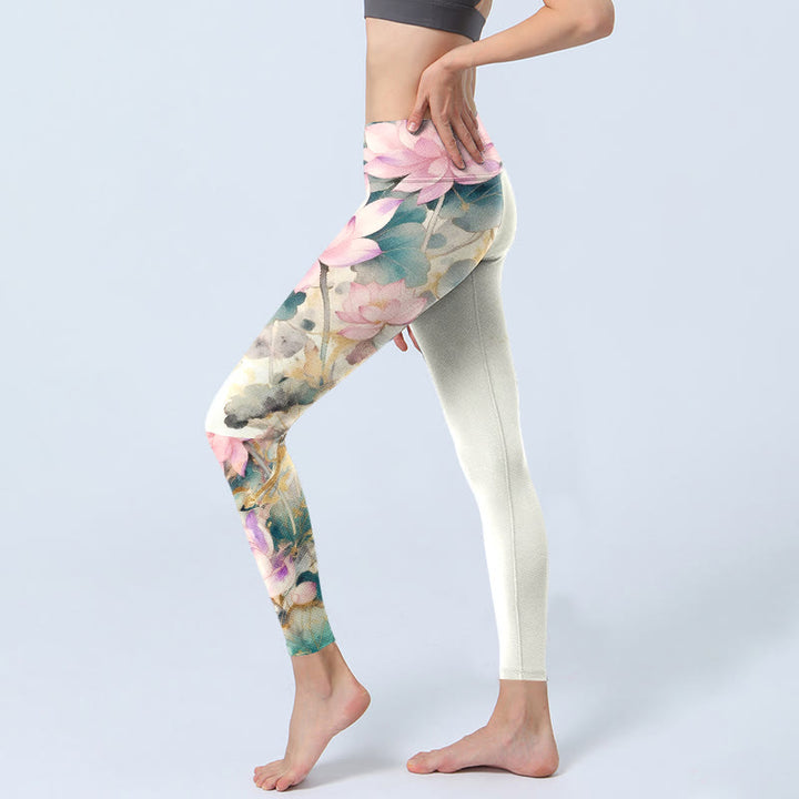 Leggings da palestra con stampa di Buddha Stones, petali di loto e foglie, pantaloni da yoga da donna - image 2