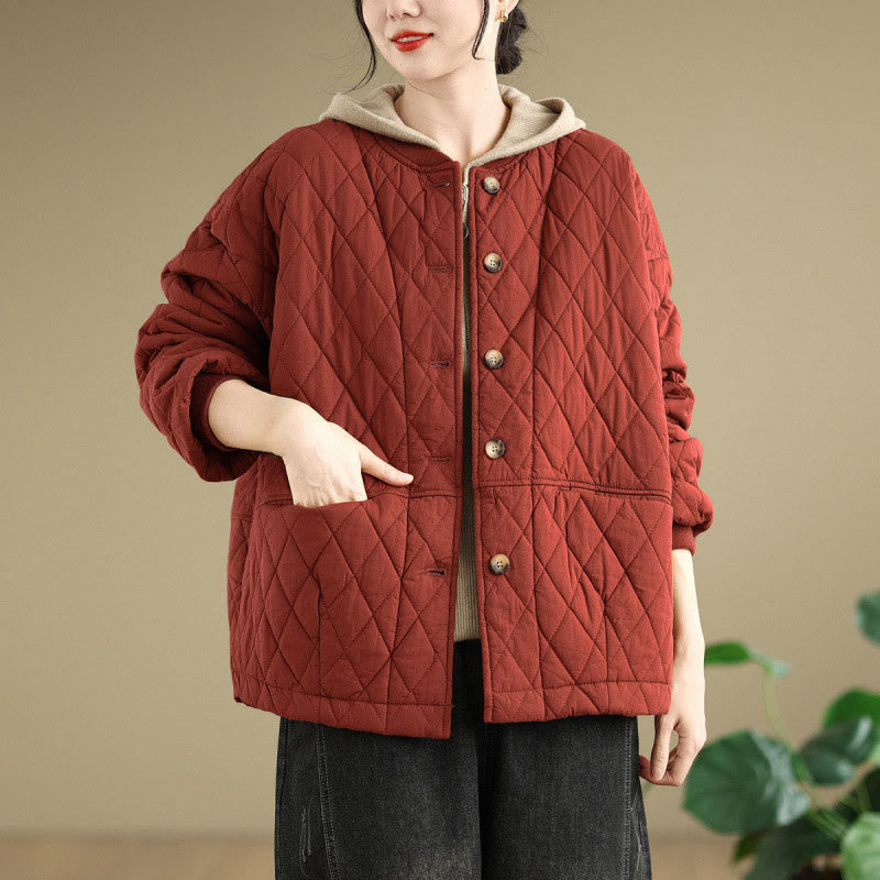 Giacca da donna in cotone spesso a maniche lunghe con motivo a griglia di diamanti Buddha Stones con tasche - Rosso scuro - US12, UK/AU16, EU44 (3XL) - image 11