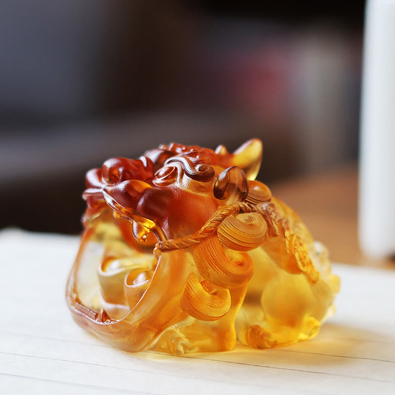 Buddha Stones fatte a mano in cristallo Liuli, oro, deglutizione, PiXiu, pezzo d'arte, decorazione per la casa - Pixiu giallo 7,8*6,5*5,5 cm - image 0