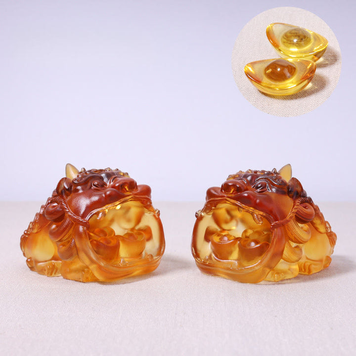 Buddha Stones fatte a mano in cristallo Liuli, oro, deglutizione, PiXiu, pezzo d'arte, decorazione per la casa - Un paio di Pixiu gialli (con due lingotti da 4 cm) - image 11