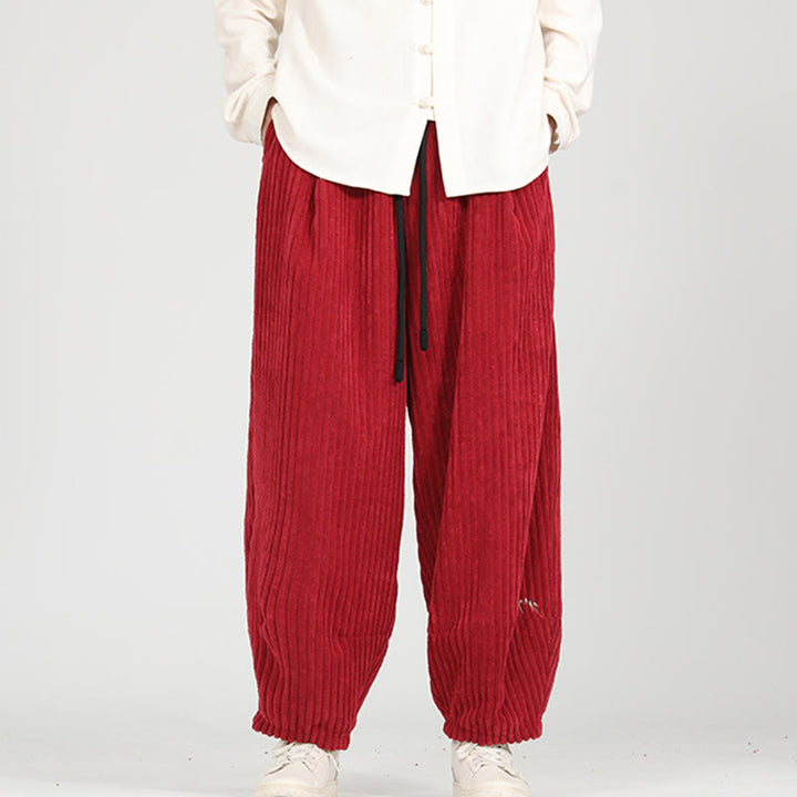 Pantaloni da uomo in velluto a coste harem con tasche e coulisse a contrasto di colore con Buddha Stones - image 10