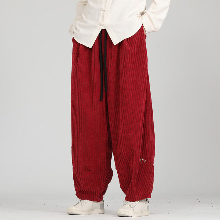 Pantaloni da uomo in velluto a coste harem con tasche e coulisse a contrasto di colore con Buddha Stones - image 12