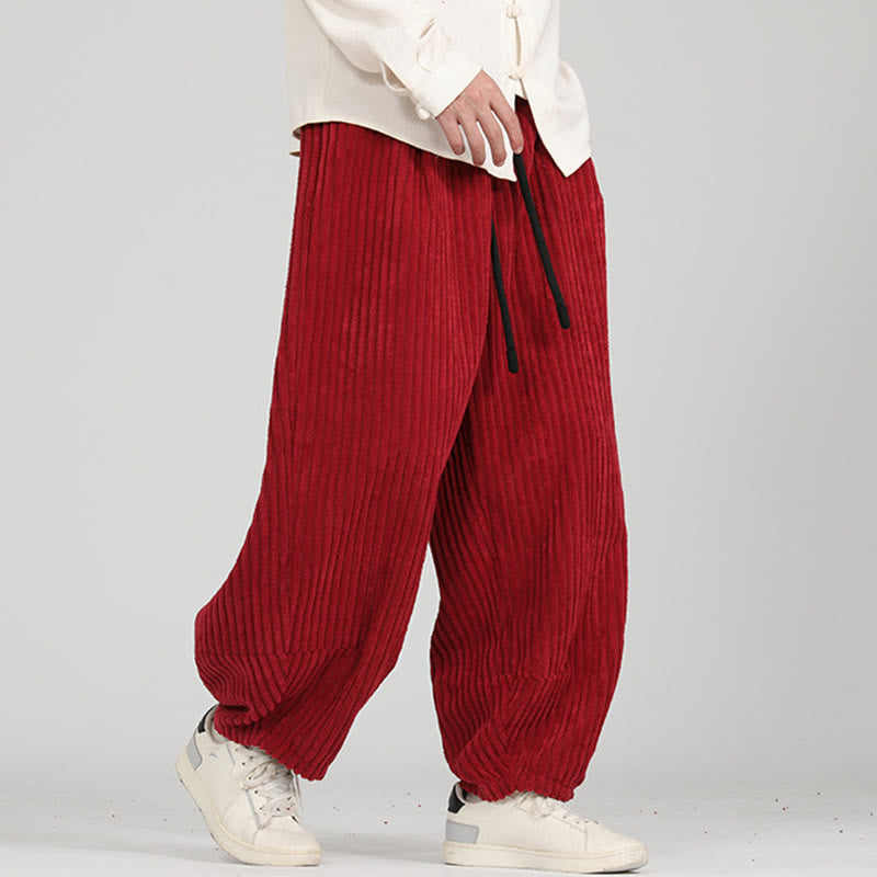 Pantaloni da uomo in velluto a coste harem con tasche e coulisse a contrasto di colore con Buddha Stones - image 11