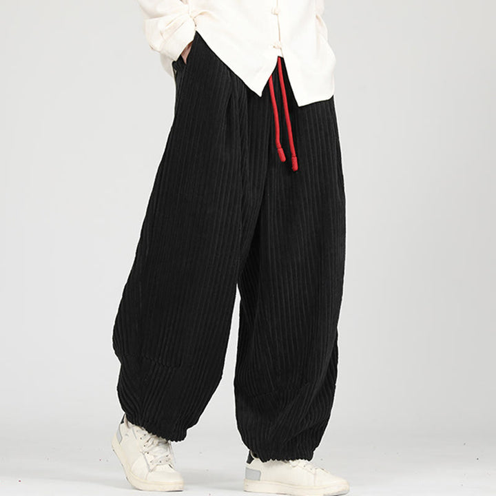 Pantaloni da uomo in velluto a coste harem con tasche e coulisse a contrasto di colore con Buddha Stones - image 4