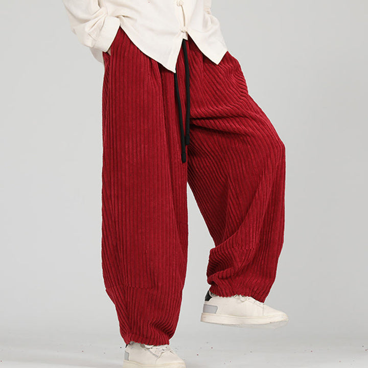 Pantaloni da uomo in velluto a coste harem con tasche e coulisse a contrasto di colore con Buddha Stones - image 14