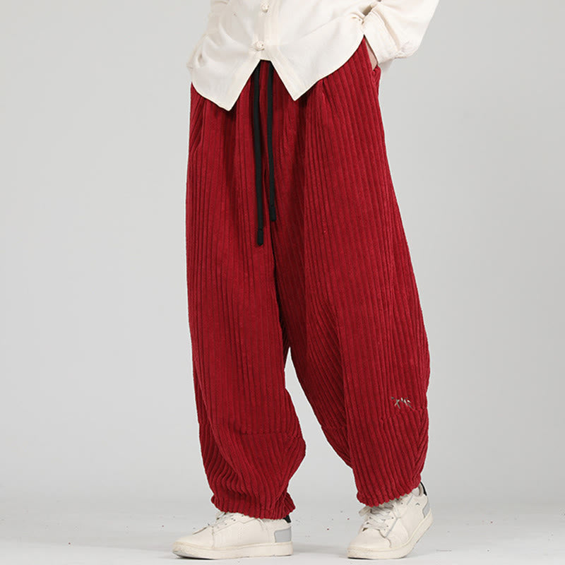 Pantaloni da uomo in velluto a coste harem con tasche e coulisse a contrasto di colore con Buddha Stones - image 9