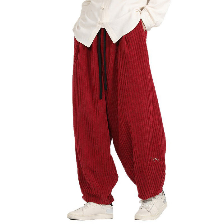 Pantaloni da uomo in velluto a coste harem con tasche e coulisse a contrasto di colore con Buddha Stones - image 15