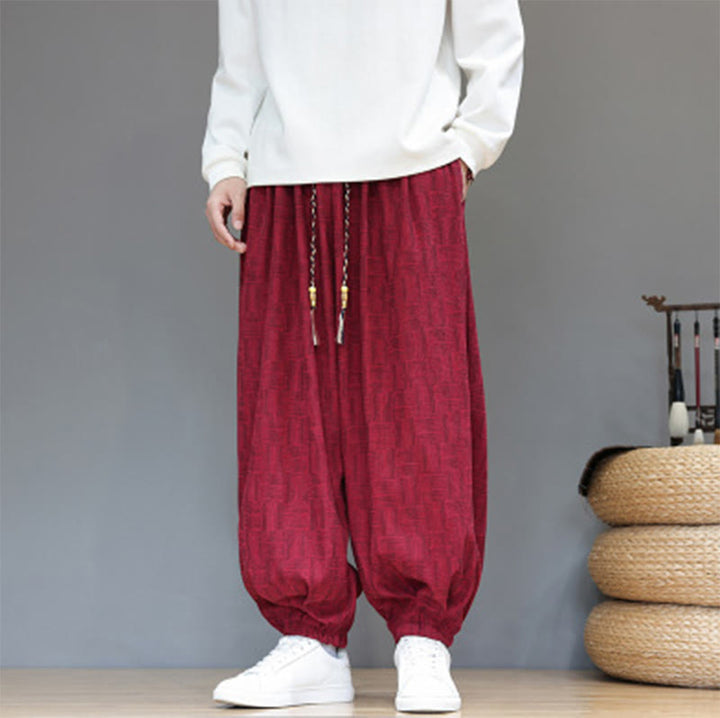 Pantaloni harem da uomo in velluto a coste di cotone con motivo jacquard a quadri autunnali Buddha Stones con tasche - Cremisi - US/UK/AU46, EU56 (5XL) - image 24