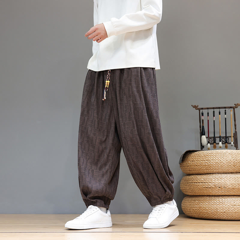Pantaloni harem da uomo in velluto a coste di cotone con motivo jacquard a quadri autunnali Buddha Stones con tasche - Marrone sella - US/UK/AU46, EU56 (5XL) - image 0
