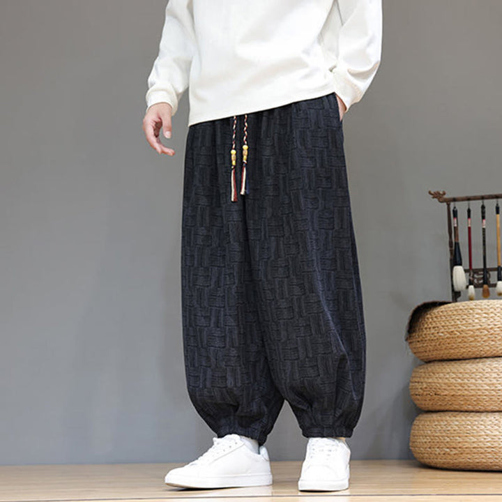 Pantaloni harem da uomo in velluto a coste di cotone con motivo jacquard a quadri autunnali Buddha Stones con tasche - image 4