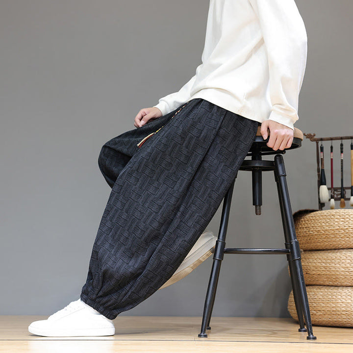 Pantaloni harem da uomo in velluto a coste di cotone con motivo jacquard a quadri autunnali Buddha Stones con tasche - image 9