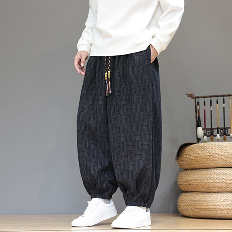 Pantaloni harem da uomo in velluto a coste di cotone con motivo jacquard a quadri autunnali Buddha Stones con tasche - image 2