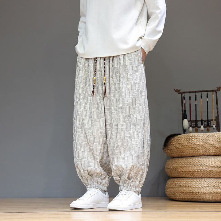 Pantaloni harem da uomo in velluto a coste di cotone con motivo jacquard a quadri autunnali Buddha Stones con tasche - Fumo bianco - US/UK/AU46, EU56 (5XL) - image 11