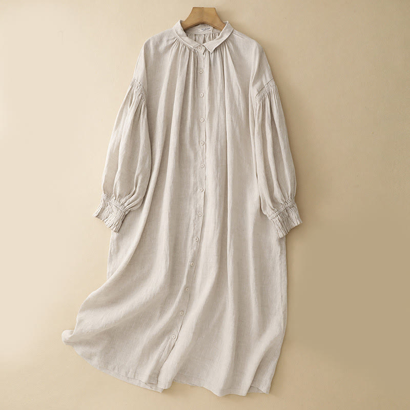 Abito midi in cotone a maniche lunghe con tasche e bottoni beige con revers Buddha Stones - Beige - US8-10, UK/AU12-14, EU40-42 (2XL) - image 0