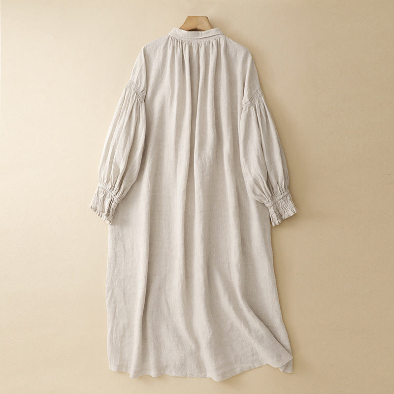 Abito midi in cotone a maniche lunghe con tasche e bottoni beige con revers Buddha Stones - image 1