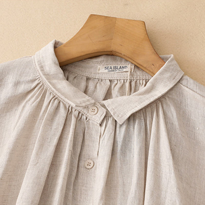 Abito midi in cotone a maniche lunghe con tasche e bottoni beige con revers Buddha Stones - image 2