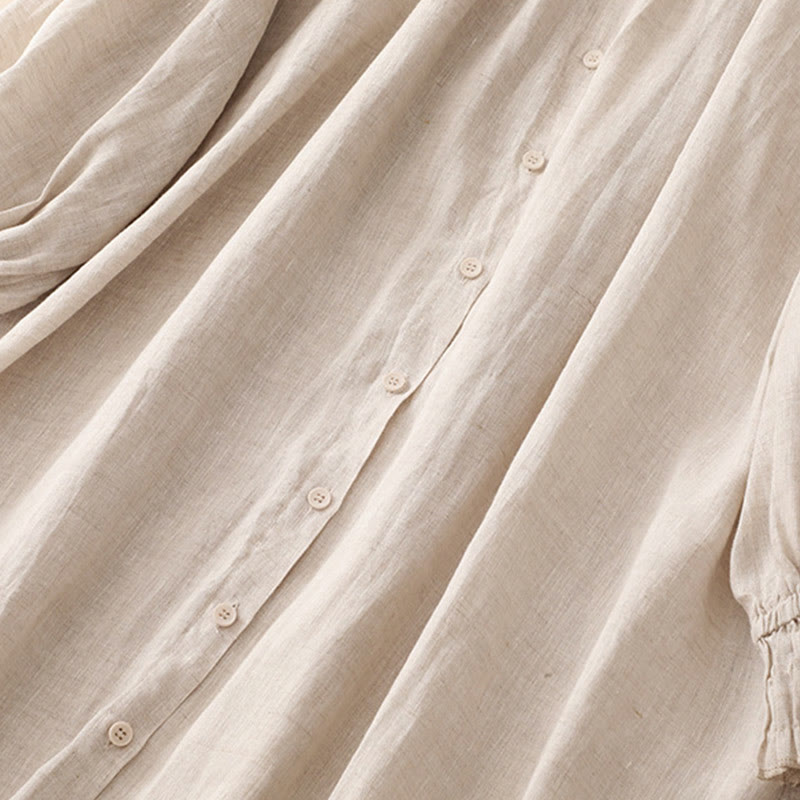 Abito midi in cotone a maniche lunghe con tasche e bottoni beige con revers Buddha Stones - image 5