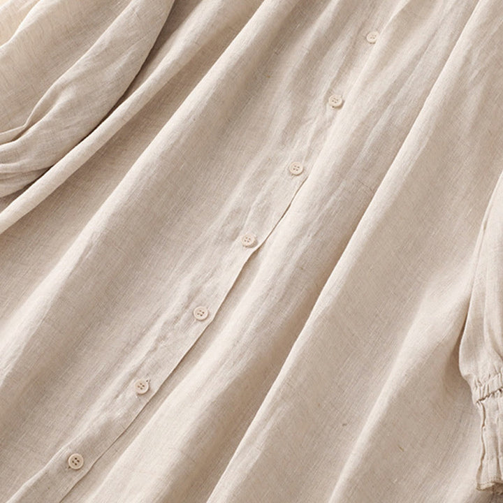 Abito midi in cotone a maniche lunghe con tasche e bottoni beige con revers Buddha Stones - image 5