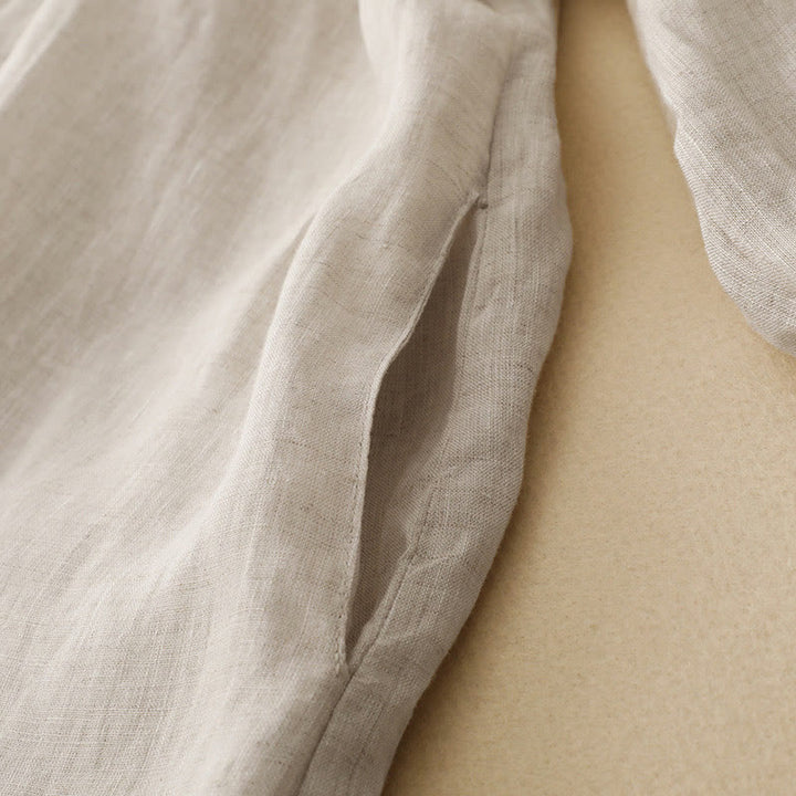 Abito midi in cotone a maniche lunghe con tasche e bottoni beige con revers Buddha Stones - image 4