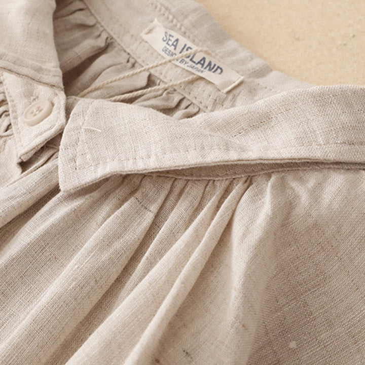 Abito midi in cotone a maniche lunghe con tasche e bottoni beige con revers Buddha Stones - image 3