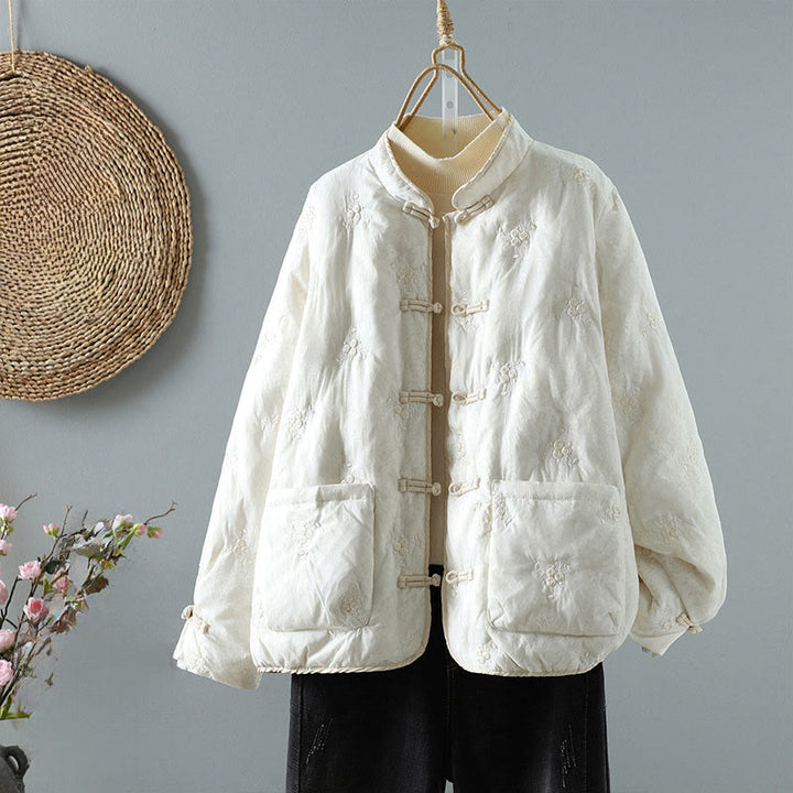 Giacca da donna in cotone spesso con maniche lunghe, bottoni a rana e tasche, con colletto rialzato e motivo floreale Buddha Stones - Avorio - US8-10, UK/AU12-14, EU40-42 (2XL) - image 0