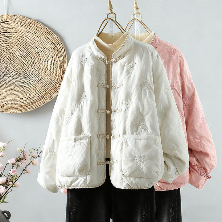 Giacca da donna in cotone spesso con maniche lunghe, bottoni a rana e tasche, con colletto rialzato e motivo floreale Buddha Stones - image 4